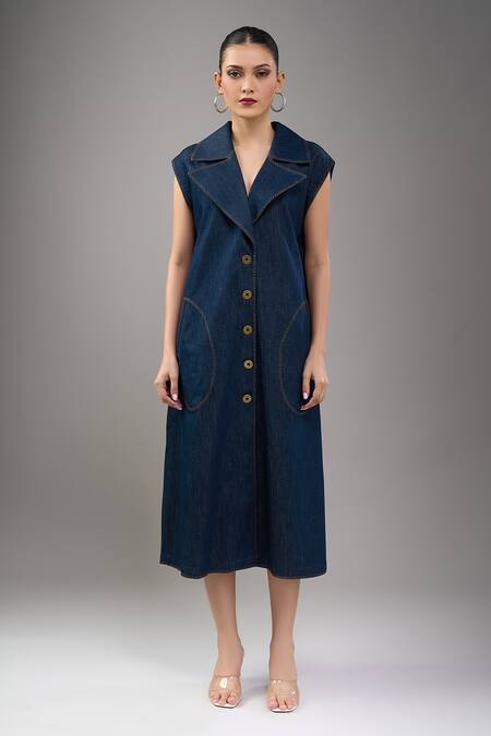 Shop_Divyam Mehta_Blue Denim Collared Midi Dress_Online_at_Aza_Fashions