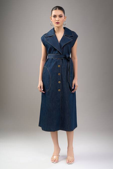 Divyam Mehta_Blue Denim Collared Midi Dress_at_Aza_Fashions