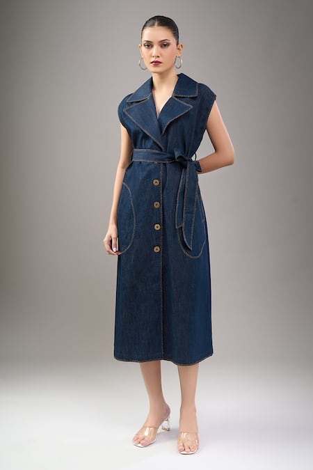 Divyam Mehta Blue Denim Collared Midi Dress 
