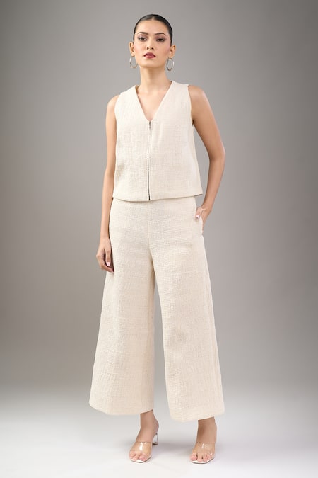 Divyam Mehta Cream Chanderi V-neck Waistcoat And Pant Set 