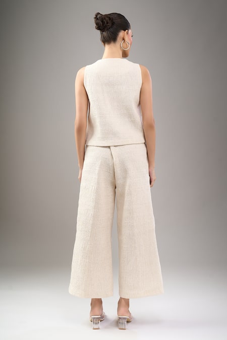 Shop_Divyam Mehta_Cream Chanderi V-neck Waistcoat And Pant Set _at_Aza_Fashions