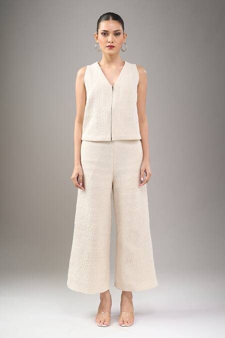 Divyam Mehta_Cream Chanderi V-neck Waistcoat And Pant Set _Online_at_Aza_Fashions