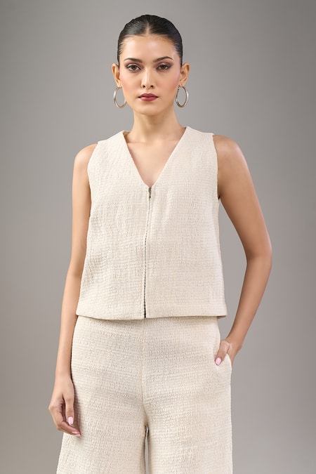 Buy_Divyam Mehta_Cream Chanderi V-neck Waistcoat And Pant Set _Online_at_Aza_Fashions