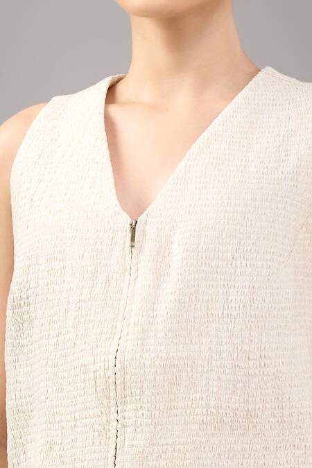 Shop_Divyam Mehta_Cream Chanderi V-neck Waistcoat And Pant Set _Online_at_Aza_Fashions