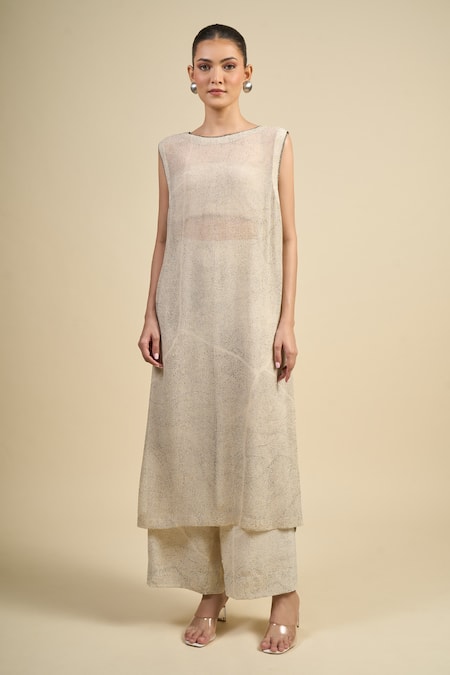 Shop_Divyam Mehta_Cream Chiffon Round Neck Straight Kurta Set_Online_at_Aza_Fashions