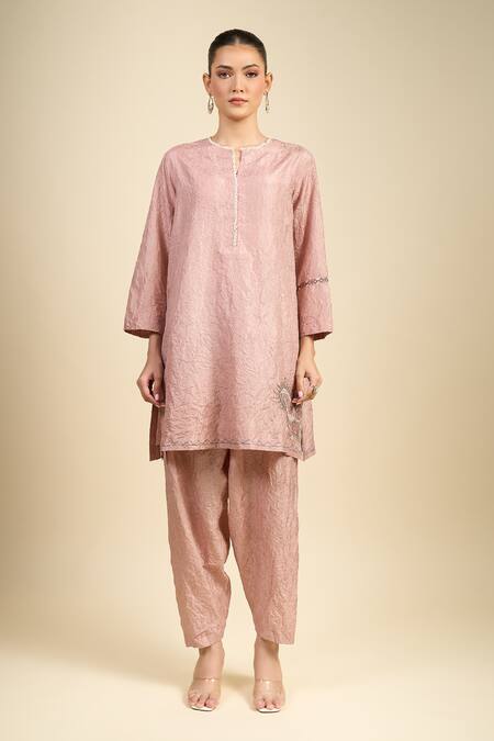 Shop_Divyam Mehta_Pink Round Neck Mulberry Straight Kurta Set _Online_at_Aza_Fashions
