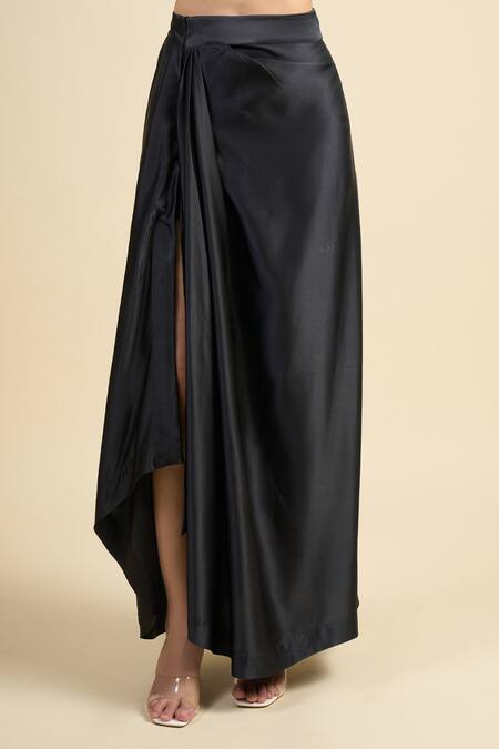 Divyam Mehta_Black Crepe Round Neck Coal Poncho And Draped Skirt Set _Online_at_Aza_Fashions
