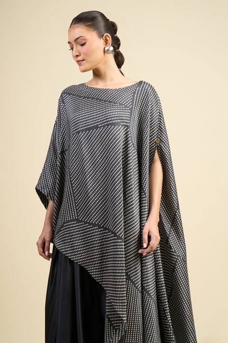 Buy_Divyam Mehta_Black Crepe Round Neck Coal Poncho And Draped Skirt Set _Online_at_Aza_Fashions