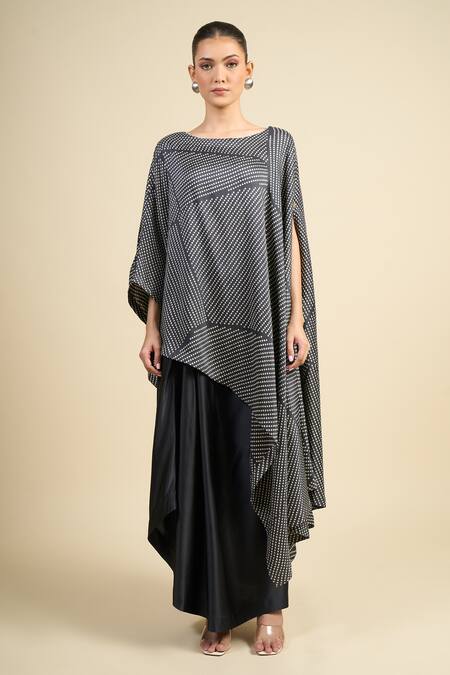Shop_Divyam Mehta_Black Crepe Round Neck Coal Poncho And Draped Skirt Set _Online_at_Aza_Fashions