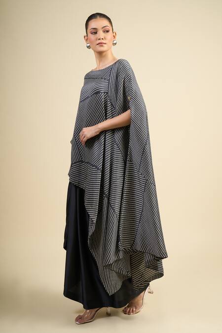 Divyam Mehta_Black Crepe Round Neck Coal Poncho And Draped Skirt Set _at_Aza_Fashions