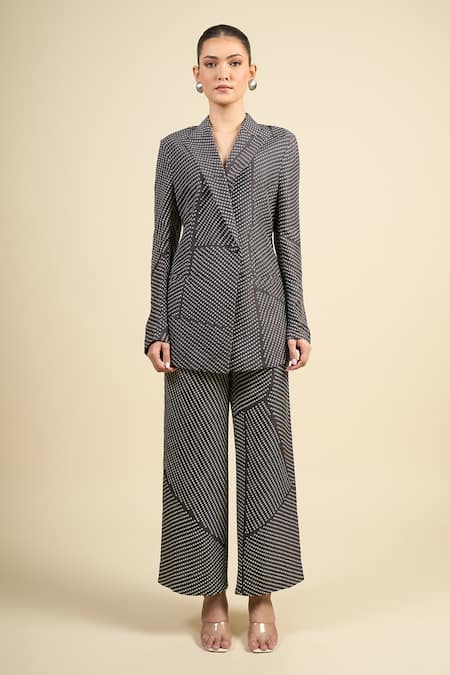 Buy_Divyam Mehta_Black Silk Collared Coal Vegan Pant Set 