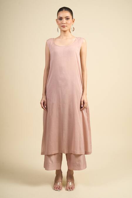 Shop_Divyam Mehta_Pink Chanderi Round Neck Straight Kurta Set _Online_at_Aza_Fashions