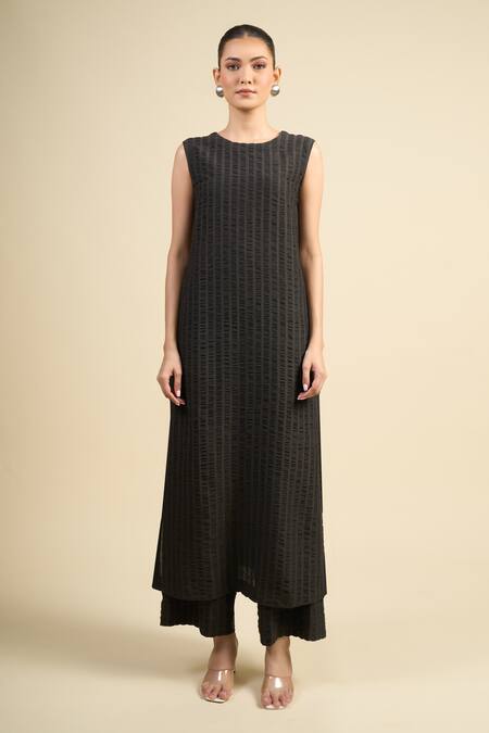 Shop_Divyam Mehta_Black Handloom Cotton Round Neck Coal Kurta Set _Online_at_Aza_Fashions