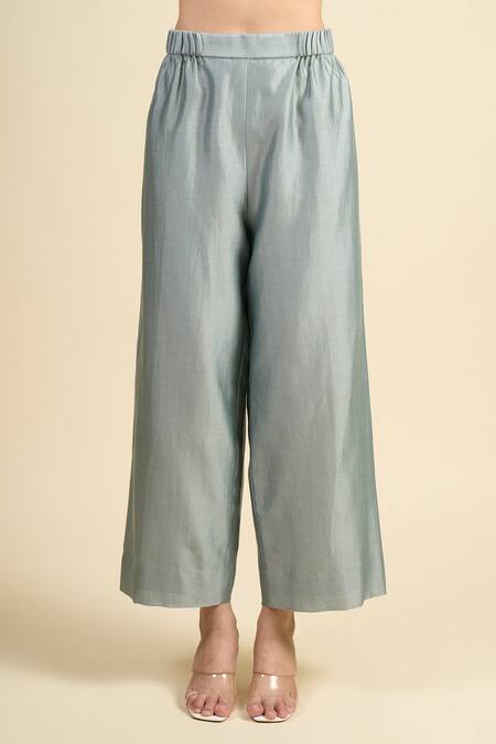 Shop_Divyam Mehta_Blue Chanderi Round Neck Printed Straight Kurta Set _Online_at_Aza_Fashions