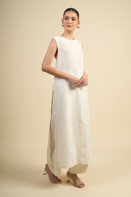 Shop_Divyam Mehta_Cream Handloom Cotton Round Neck Kurta Set _Online_at_Aza_Fashions