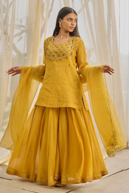 Rhua Mustard Chanderi, Tissue, Organza, Silk Gota Patti Yellow Embroidered Kurta Set 