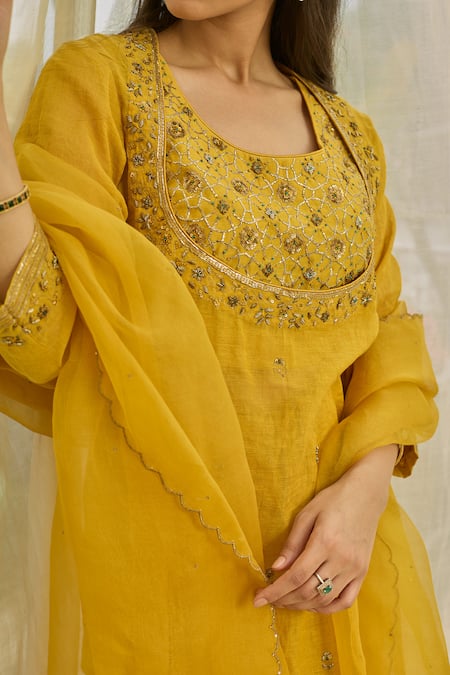 Shop Rhua Mustard Chanderi, Tissue, Organza, Silk Gota Patti Yellow Embroidered Kurta Set Online at Aza Fashions Shop_Rhua_Mustard Chanderi, Tissue, Organza, Silk Gota Patti Yellow Embroidered Kurta Set _Online_at_Aza_Fashions