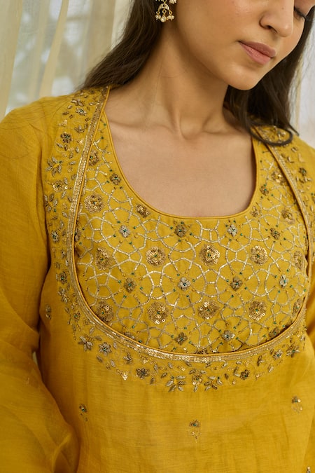 Rhua Mustard Chanderi, Tissue, Organza, Silk Gota Patti Yellow Embroidered Kurta Set at Aza Fashions Rhua_Mustard Chanderi, Tissue, Organza, Silk Gota Patti Yellow Embroidered Kurta Set _at_Aza_Fashions