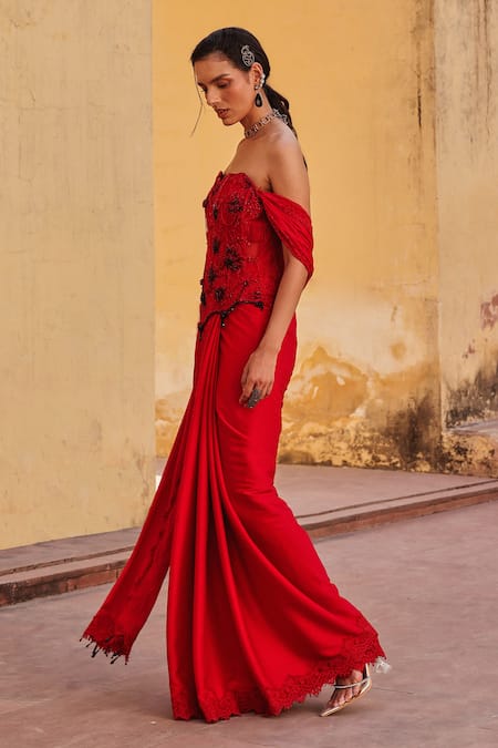Label Moni K_Red Satin, Chiffon Sequins, Beads Off-shoulder Pre-draped Saree And Blouse Set _Online_at_Aza_Fashions