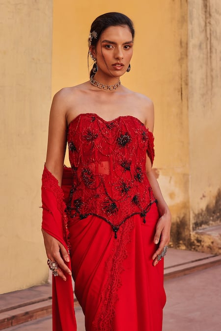 Buy_Label Moni K_Red Satin, Chiffon Sequins, Beads Off-shoulder Pre-draped Saree And Blouse Set _Online_at_Aza_Fashions