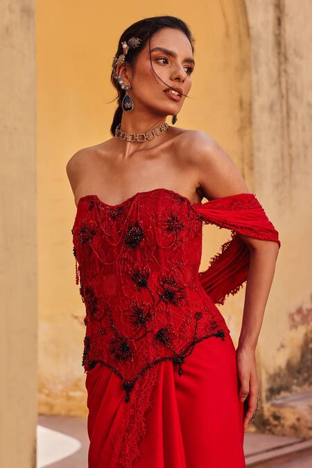Shop_Label Moni K_Red Satin, Chiffon Sequins, Beads Off-shoulder Pre-draped Saree And Blouse Set _Online_at_Aza_Fashions