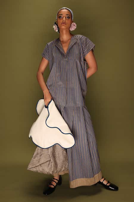 Stoique Blue Cotton Collared Striped Italian Top 