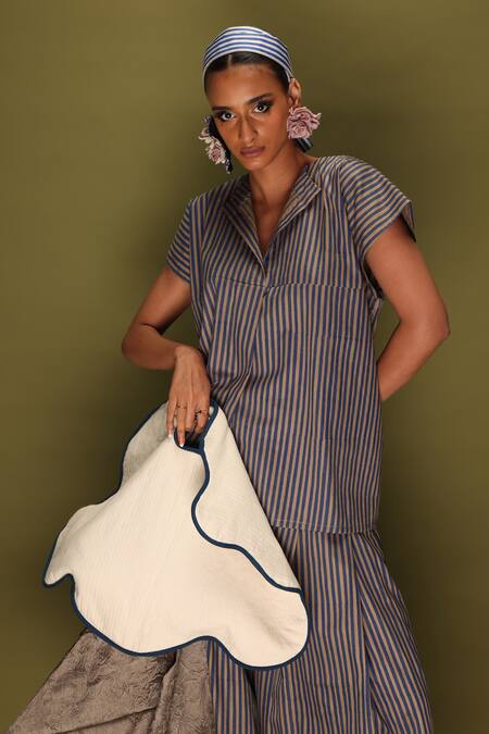 Stoique_Blue Cotton Collared Striped Italian Top _at_Aza_Fashions