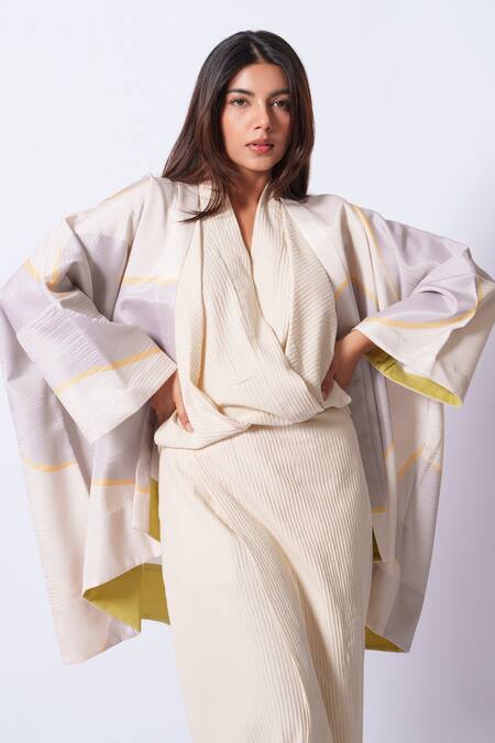 Stoique_Ivory Crepe Designer Kimono _at_Aza_Fashions
