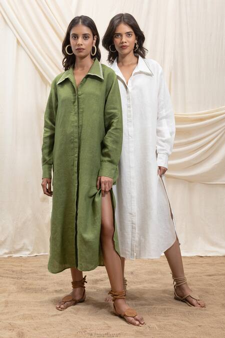 Buy_Akashi Clothing_White Linen Collared Shirt Dress 