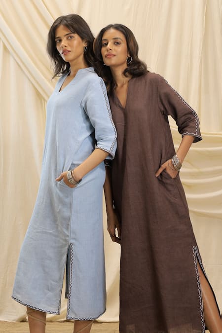 Buy_Akashi Clothing_Brown Linen Embroidery V-neck Midi Dress _Online_at_Aza_Fashions
