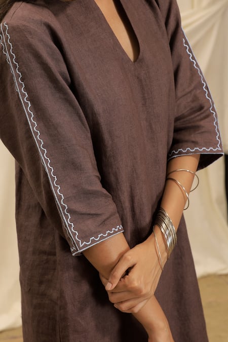 Shop_Akashi Clothing_Brown Linen Embroidery V-neck Midi Dress _Online_at_Aza_Fashions
