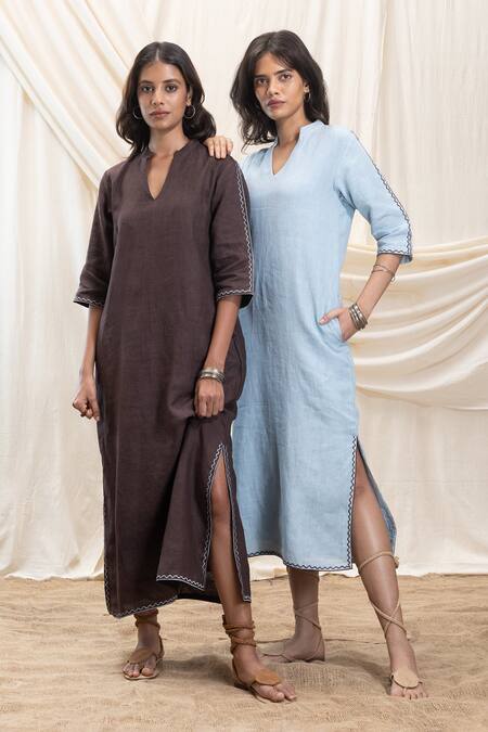 Akashi Clothing_Brown Linen Embroidery V-neck Midi Dress _at_Aza_Fashions