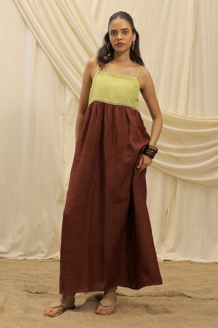 Akashi Clothing Brown Linen Embroidery Square Neck Sun Dress 