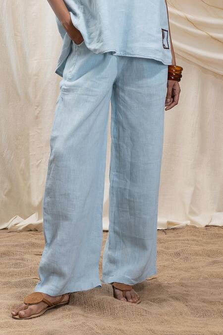 Buy_Akashi Clothing_Blue Linen Embroidery V-neck Powder Top And Pant Set _Online_at_Aza_Fashions