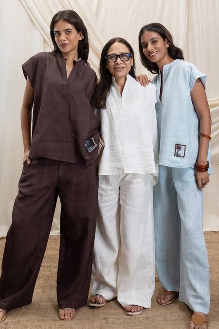 Shop_Akashi Clothing_Blue Linen Embroidery V-neck Powder Top And Pant Set _Online_at_Aza_Fashions