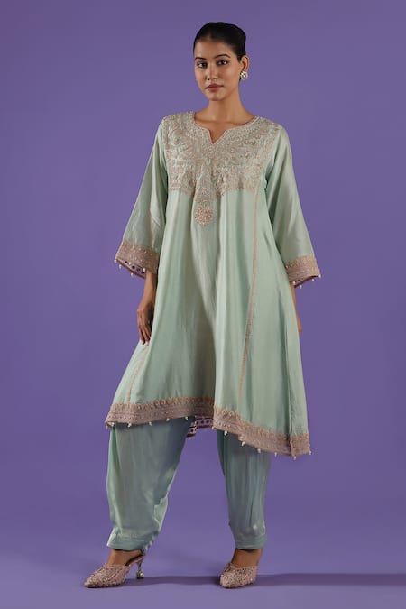 Shop Label Radini Blue Chanderi Embroidery Split V-neck Pastel Kurta Set Online at Aza Fashions Shop_Label Radini_Blue Chanderi Embroidery Split V-neck Pastel Kurta Set _Online_at_Aza_Fashions