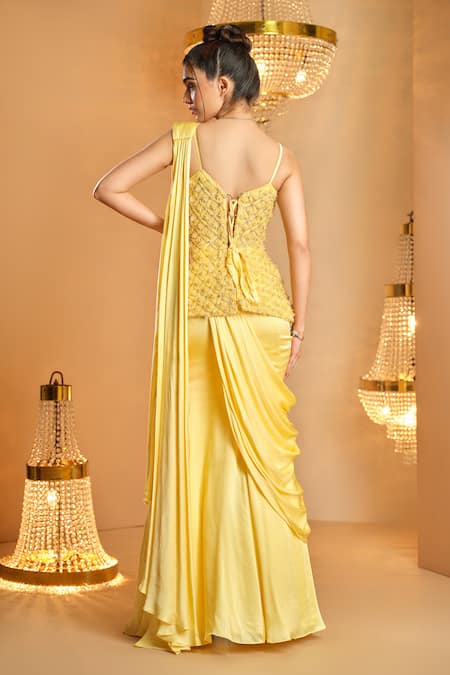 K & A By Karishma And Ashita Yellow Pre-Draped Saree Set 