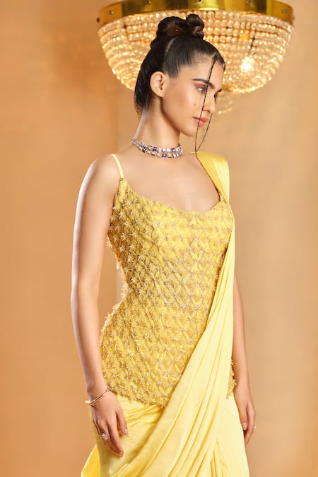 K & A By Karishma And Ashita_Yellow Net, Satin Sequins Scoop Neck Pre-draped Saree Set _Online_at_Aza_Fashions