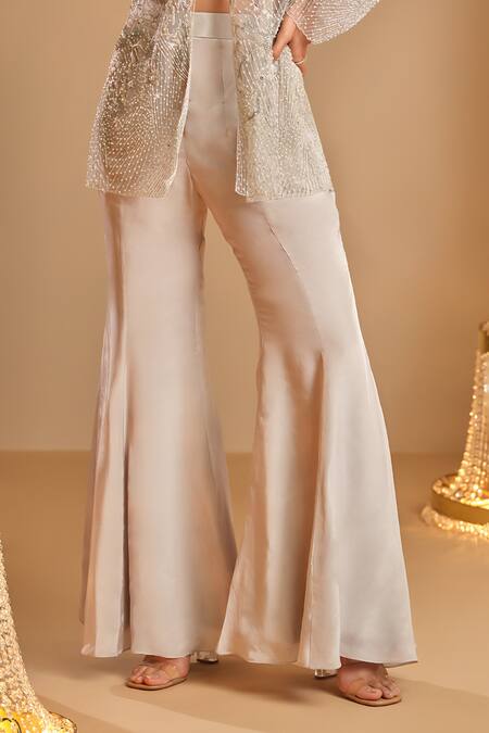 K & A By Karishma And Ashita_Silver Net, Crepe Beads, Embroidery V-neck Embellished Jacket And Pant Set _Online_at_Aza_Fashions