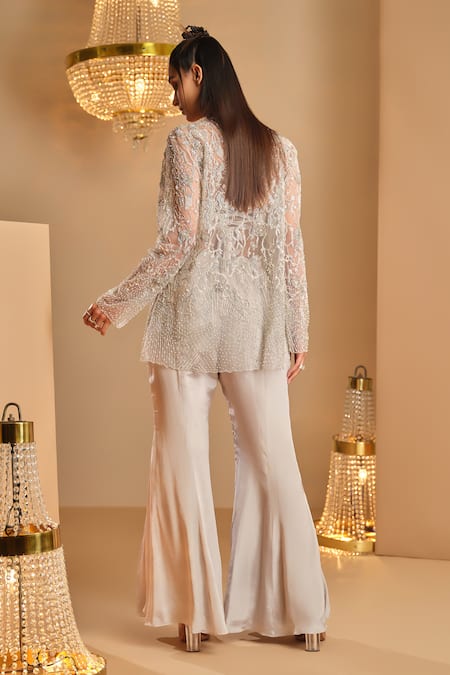 K & A By Karishma And Ashita Silver Embellished Jacket & Pant Set 