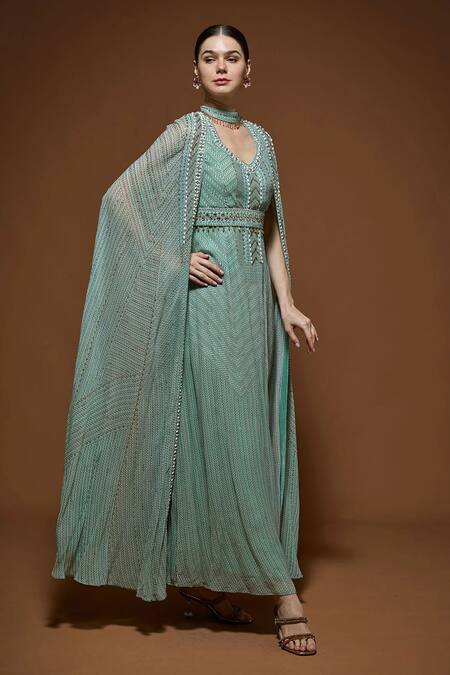 Nirraamyaa Aqua Viscose, Georgette Rhinestones V-neck Blue Embellished Gown Online at Aza Fashions Nirraamyaa_Aqua Viscose, Georgette Rhinestones V-neck Blue Embellished Gown _Online_at_Aza_Fashions