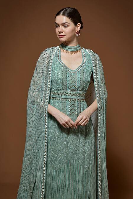 Shop Nirraamyaa Aqua Viscose, Georgette Rhinestones V-neck Blue Embellished Gown Online at Aza Fashions Shop_Nirraamyaa_Aqua Viscose, Georgette Rhinestones V-neck Blue Embellished Gown _Online_at_Aza_Fashions