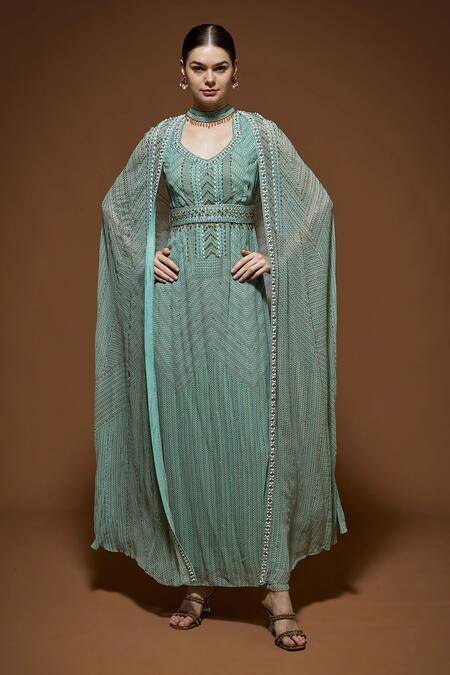 Nirraamyaa Aqua Viscose, Georgette Rhinestones V-neck Blue Embellished Gown at Aza Fashions Nirraamyaa_Aqua Viscose, Georgette Rhinestones V-neck Blue Embellished Gown _at_Aza_Fashions