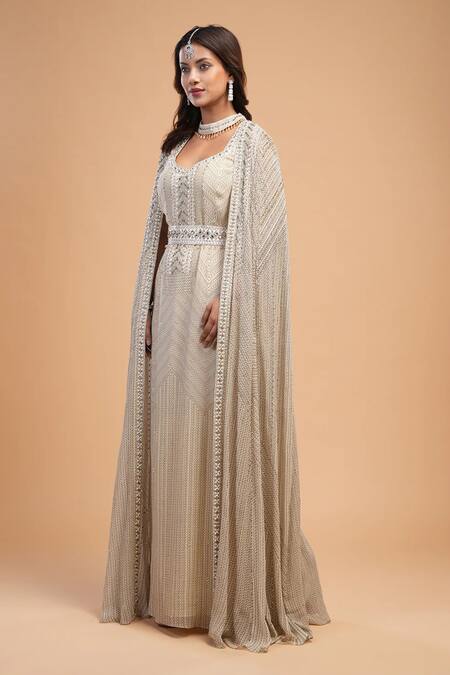 Nirraamyaa_Ivory Viscose, Georgette Rhinestones V-neck Embellished Gown Set _Online_at_Aza_Fashions