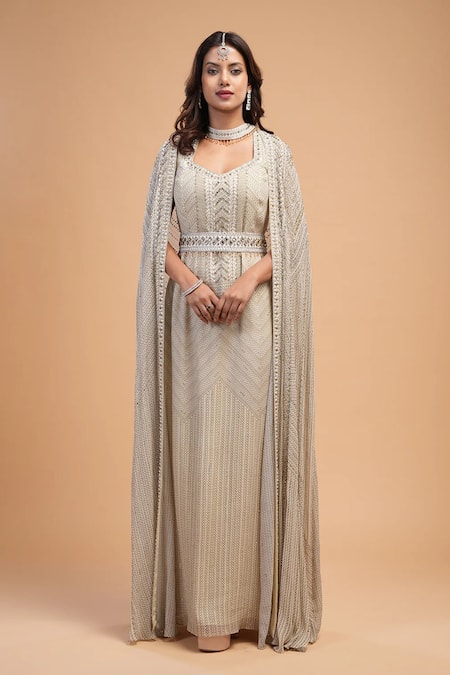 Buy_Nirraamyaa_Ivory Viscose, Georgette Rhinestones V-neck Embellished Gown Set _Online_at_Aza_Fashions