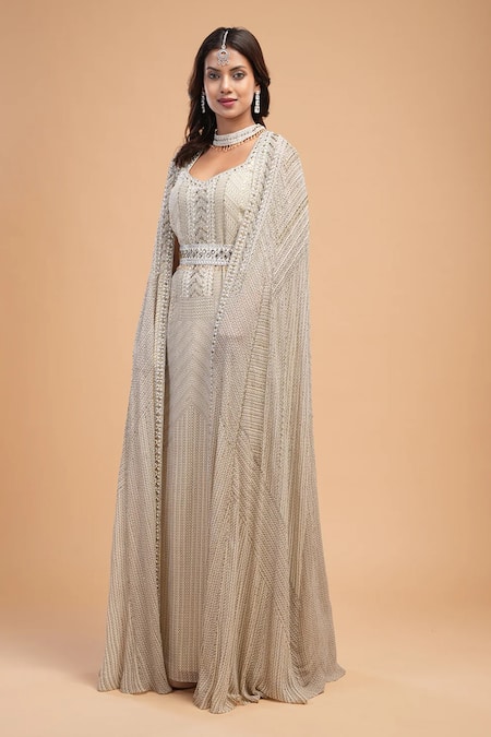 Shop_Nirraamyaa_Ivory Viscose, Georgette Rhinestones V-neck Embellished Gown Set _Online_at_Aza_Fashions