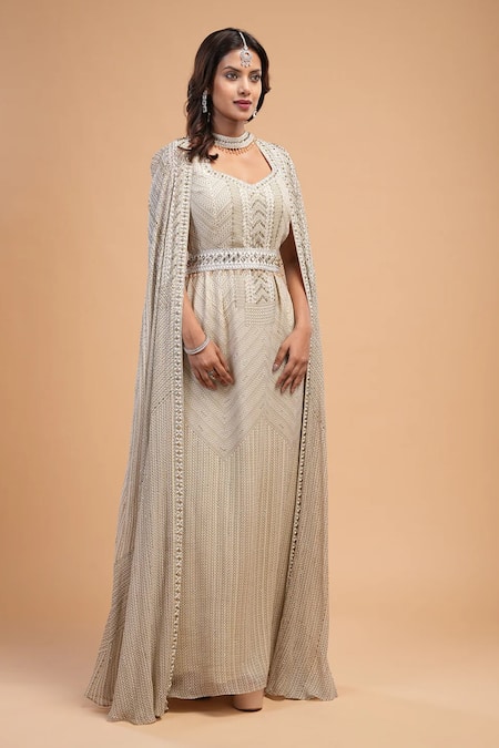 Nirraamyaa_Ivory Viscose, Georgette Rhinestones V-neck Embellished Gown Set _at_Aza_Fashions