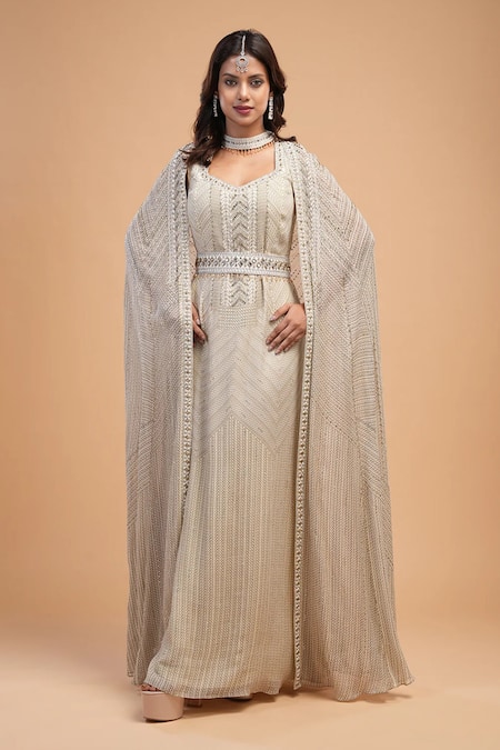 NIRRAAMYAA Ivory Viscose, Georgette Rhinestones V-neck Embellished Gown Set 