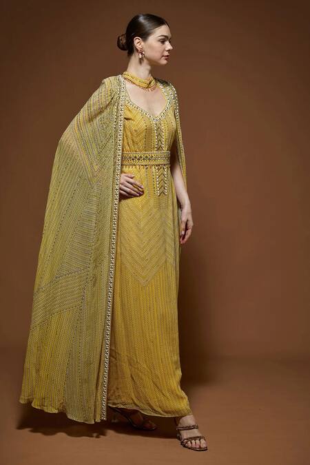 Nirraamyaa_Yellow Viscose, Georgette Rhinestones V-neck Lemon Embellished Gown Set _Online_at_Aza_Fashions
