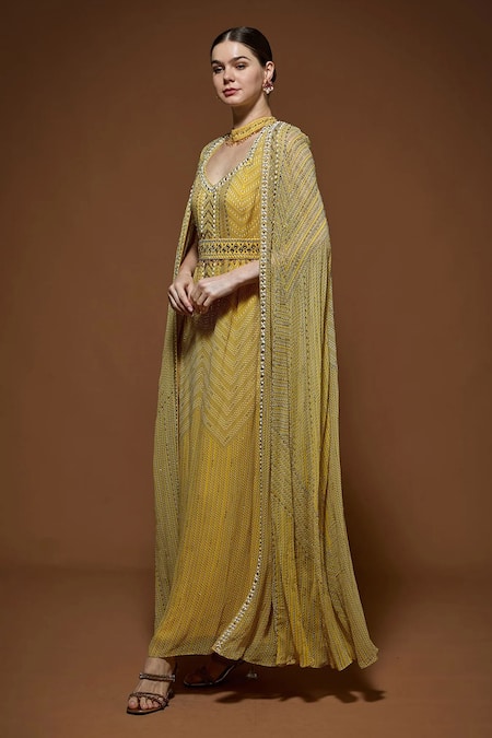 Buy_Nirraamyaa_Yellow Viscose, Georgette Rhinestones V-neck Lemon Embellished Gown Set _Online_at_Aza_Fashions